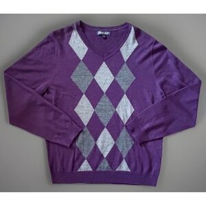 Garret Scott Long Sleeve V-Neck Sweater Purple Argyle Merino Wool Large JBHS
